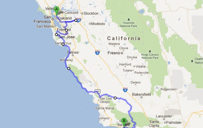 Map of California showing road trip route